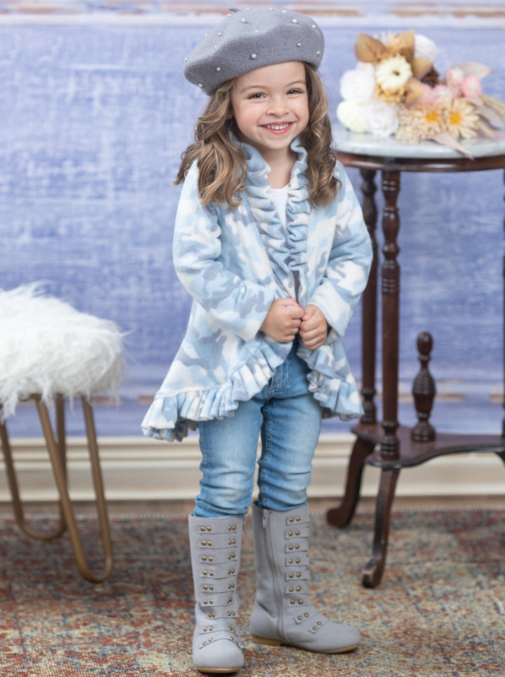 Sweaters & Cardigans | Blue Camo Ruffle Cardigan | Mia Belle Girls