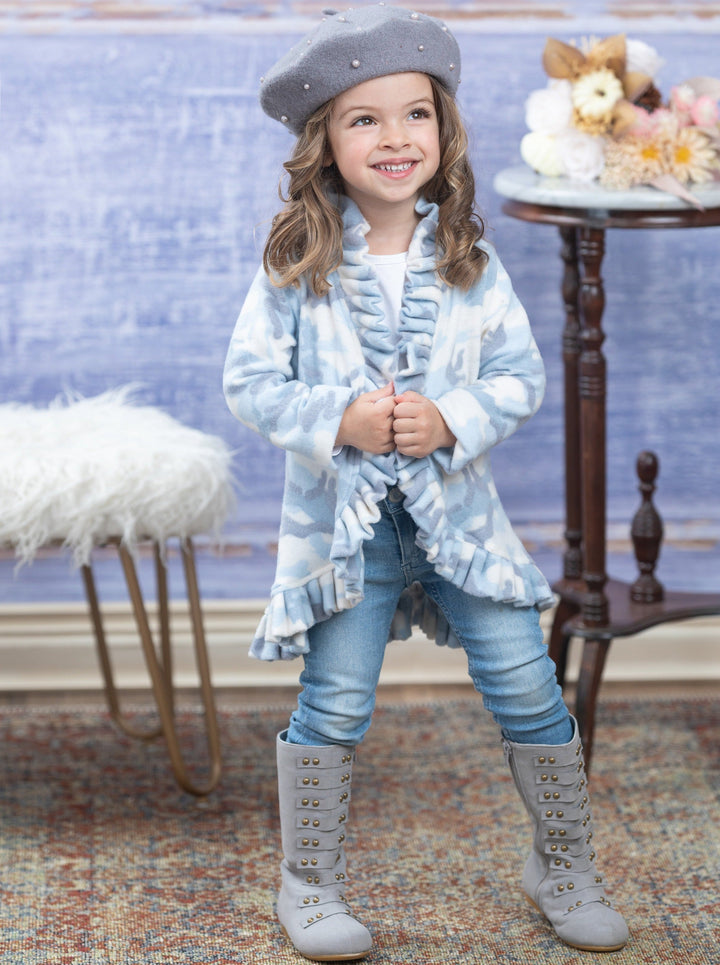 Sweaters & Cardigans | Blue Camo Ruffle Cardigan | Mia Belle Girls