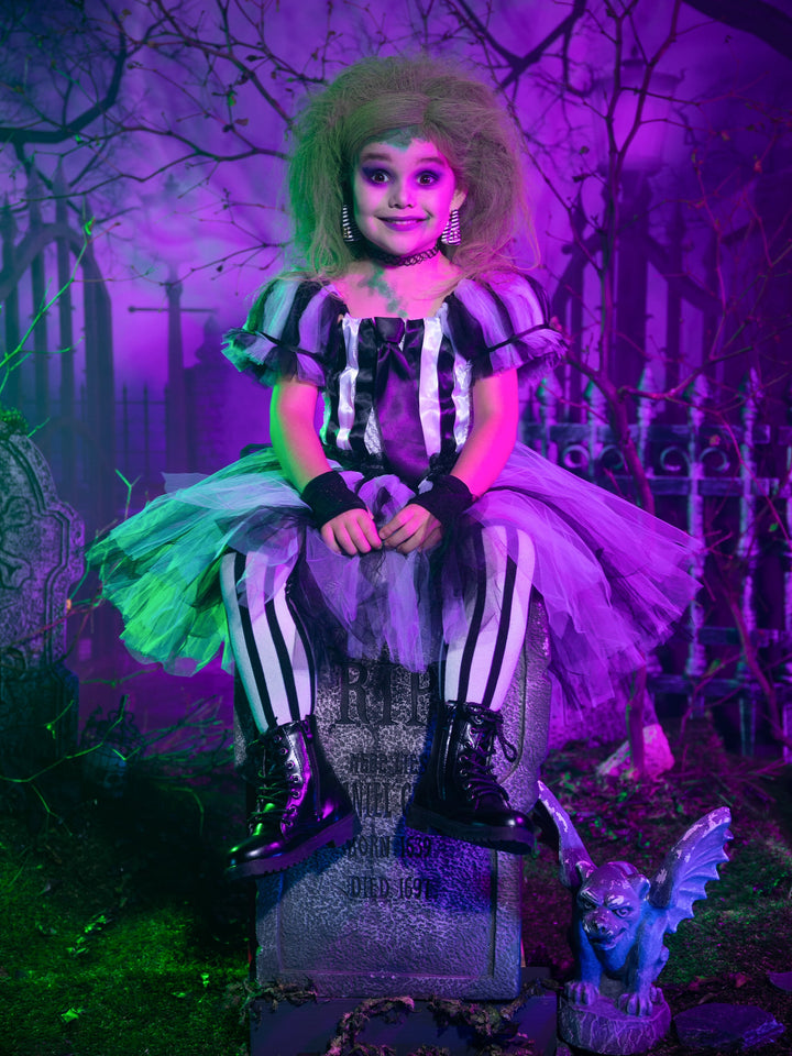 Girls Beetlejuice inspired Halloween puff tulle sleeve tutu dress with satin bodice, bow accent, and black/white gathered tulle skirt - Mia Belle Girls