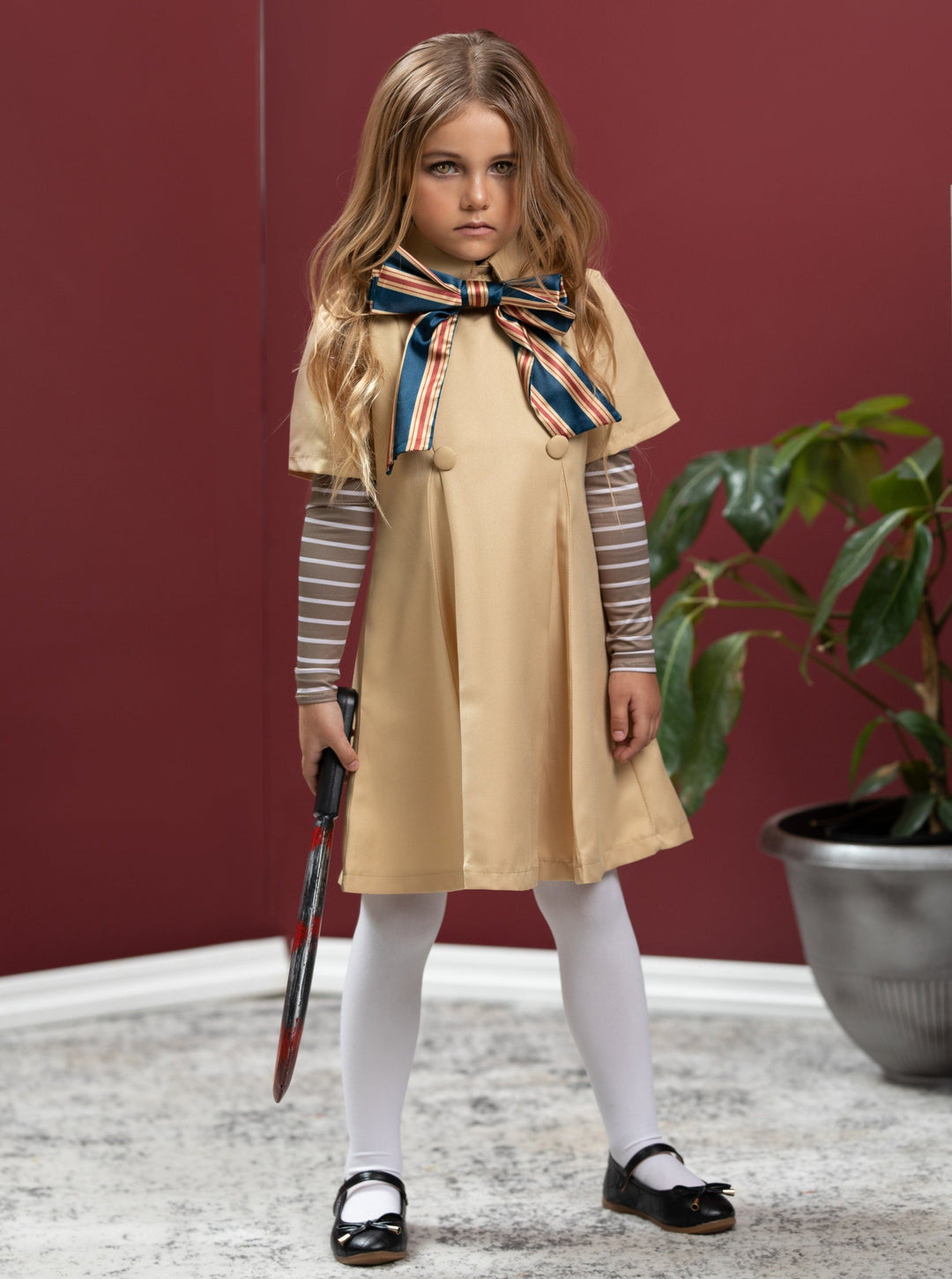 Girls Halloween Costumes | M3GAN Beige Pleated Trench Dress Costume