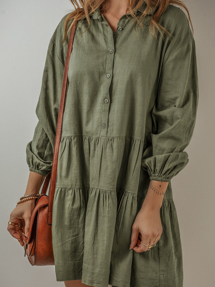 Womens Olive Puff Sleeve Tiered Button-Up Tunic Dress