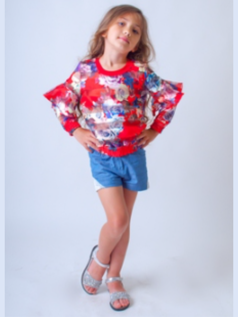 Kids Couture x Mia Belle Red Sheer Stripe Floral Ruffle Top Size 5/11