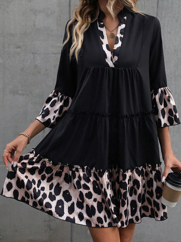 Womens Black Leopard Trim V Neck Ruffled Sleeve Flared Dress