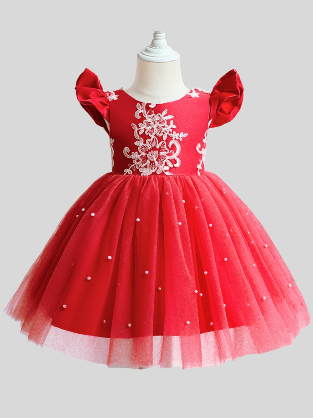 Girls Formal Dresses | Cap Sleeve Pearl Accented Tulle Princess Dress