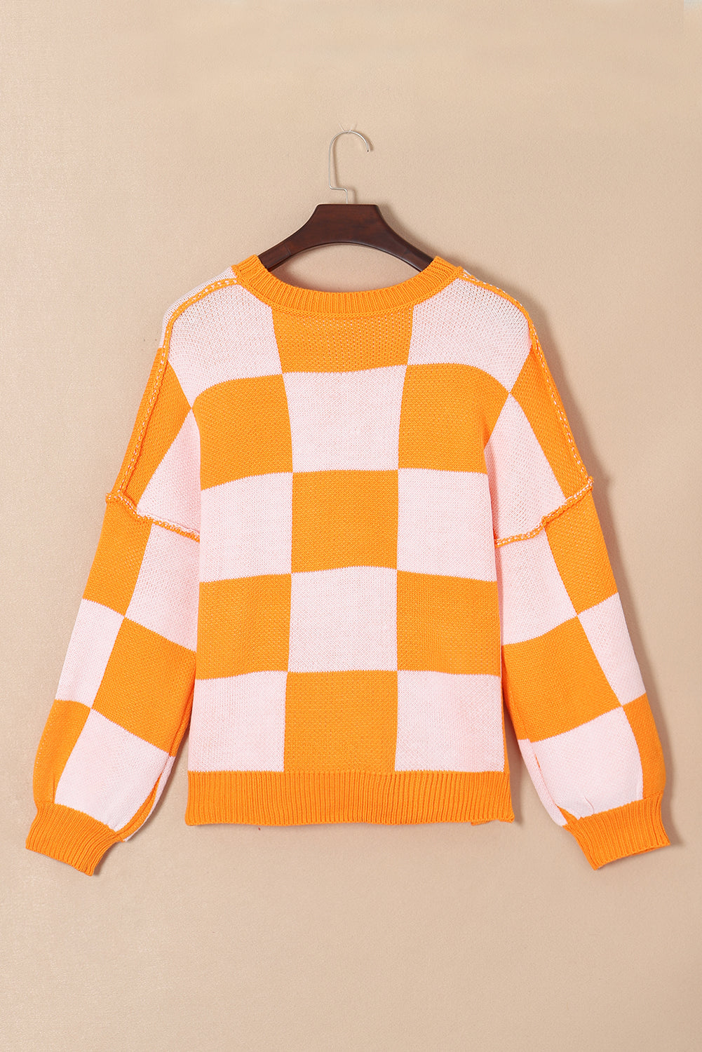 Orange karierter Pullover mit Bischofsärmeln