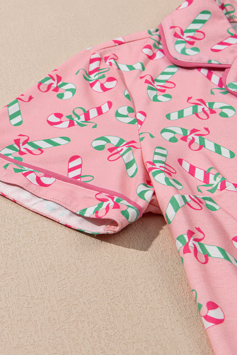 Womens Pink Christmas Candy Cane Print Pocketed Knotted Pajama Set