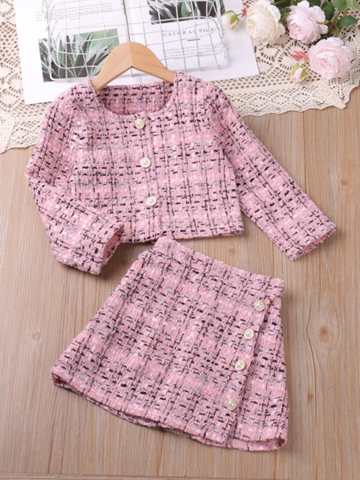 Girls Chic Pink Tweed Jacket and Skirt Set  | preppy clothes, preppy clothing, preppy brands, preppy girl, preppy clothing, baby girl fall outfits, girls fall outfits, fall outfits for baby gir, fall dress, baby girl fall clothes