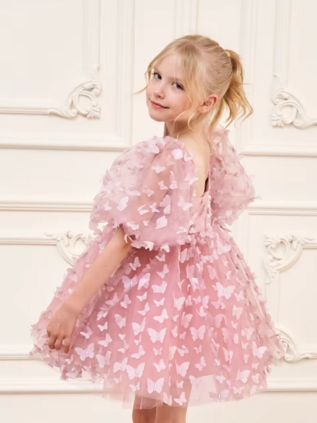 Girls Pink 3D Butterfly Tulle  Puff Sleeve Party Dress