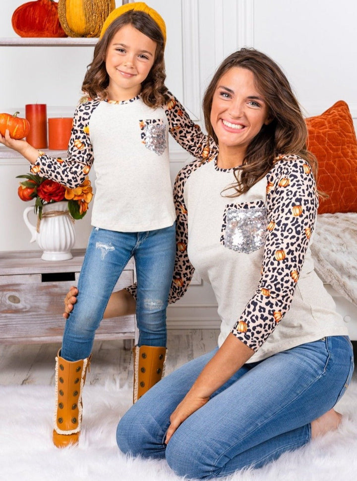 Mommy and Me Matching Tops | Pumpkin Leopard Sleeve Top | Girls Boutique 