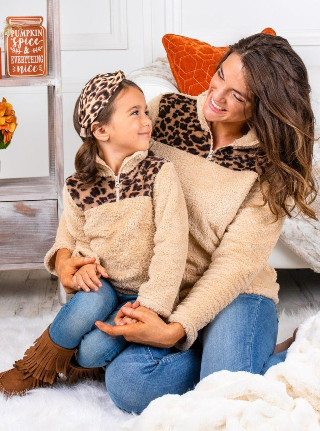 Mommy & Me Sweaters | Fleece Leopard Collar Sweater | Mia Belle Girls