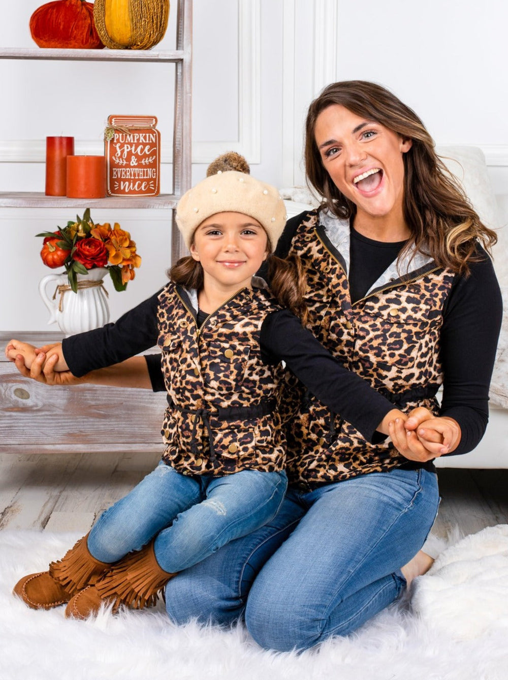 Mommy and Me Matching Outfits | Black Top & Leopard Hoodie Vest Set