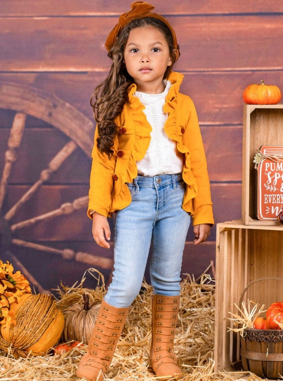 Girls Fall Cardigans | Faux Button Ruffle Hem Blazer | Mia Belle Girls