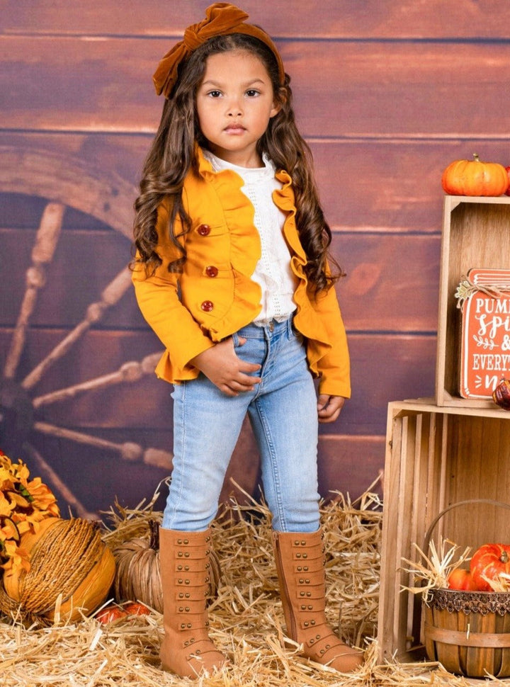 Girls Fall Cardigans | Faux Button Ruffle Hem Blazer | Mia Belle Girls