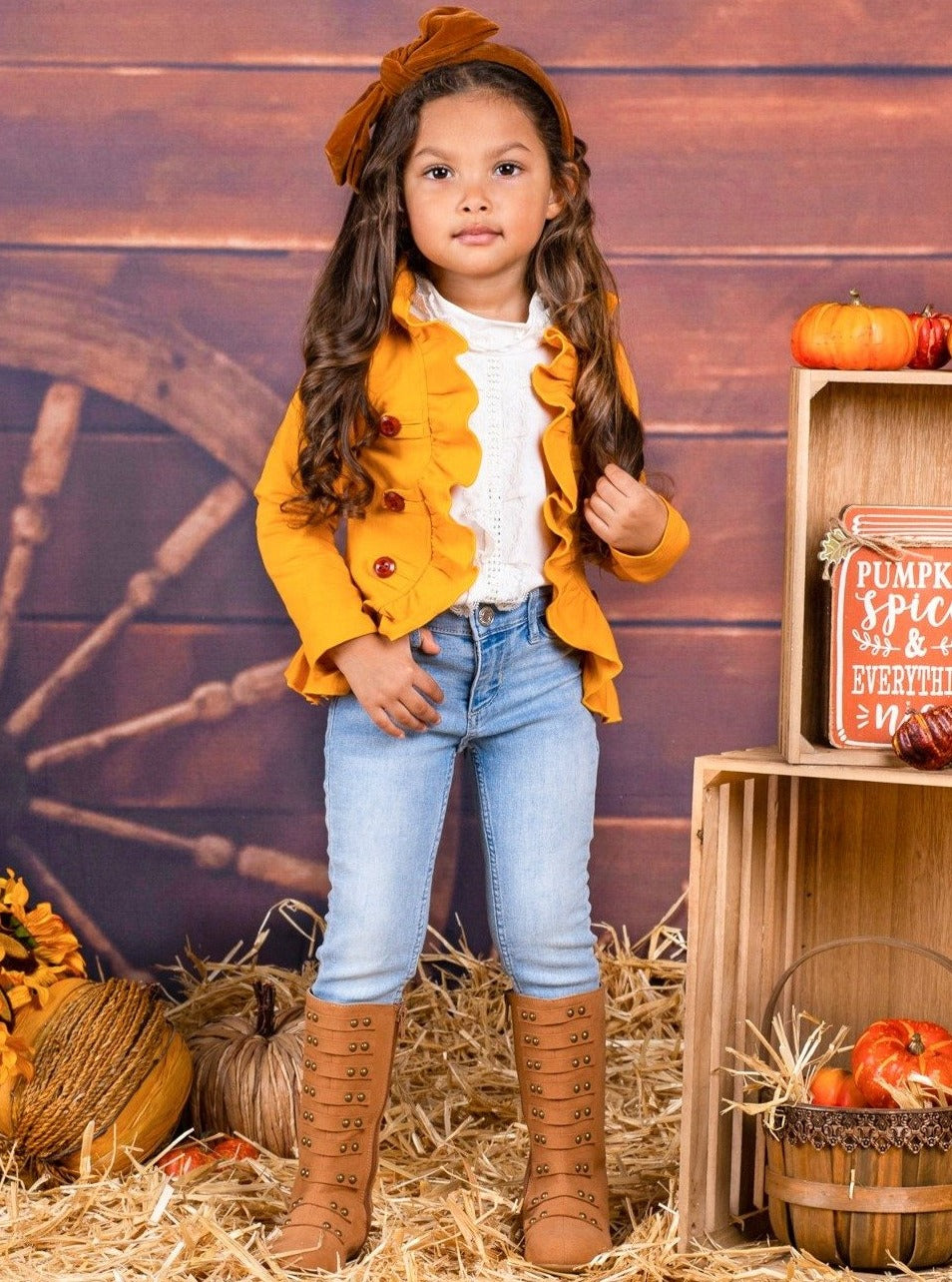 Girls Fall Cardigans | Faux Button Ruffle Hem Blazer | Mia Belle Girls