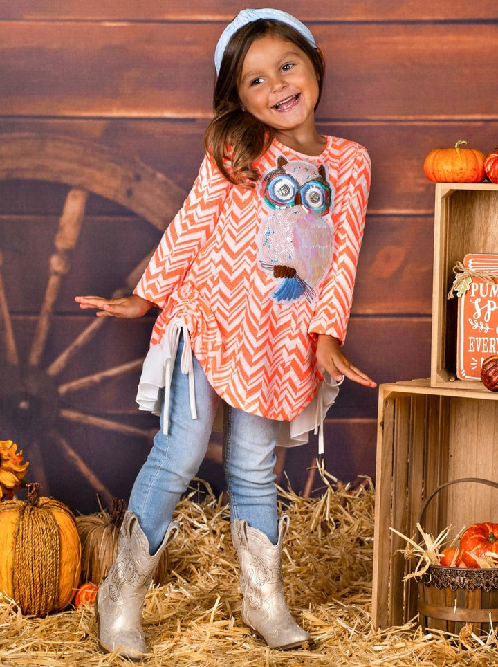 Girls Long Sleeve Drawstring Ruffled Applique Tunic