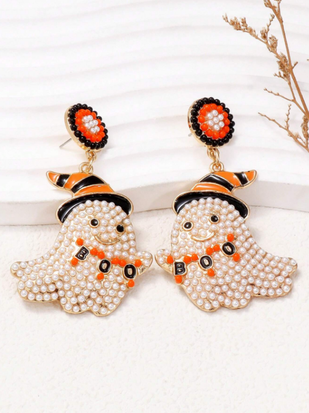 Spooky Chic Halloween ""BOO"" Bead Ghost Drop Earrings