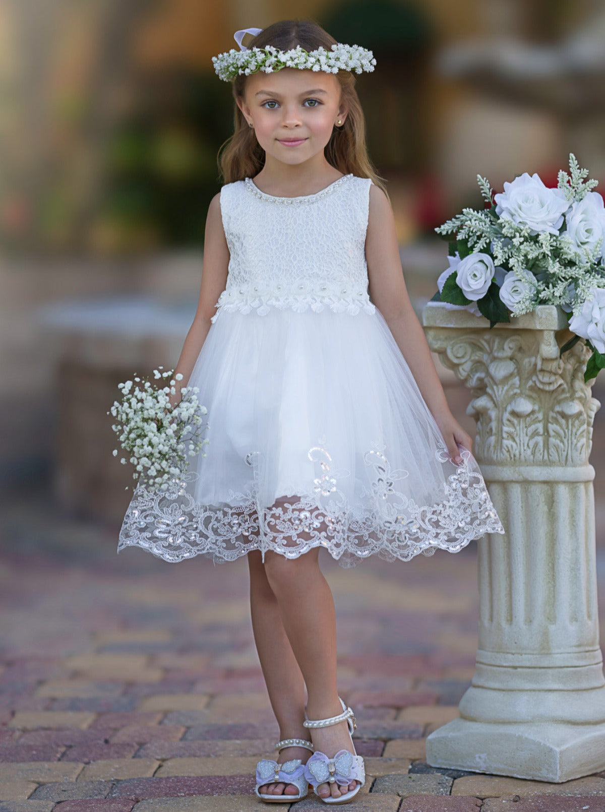 Pretty Plies Rose Pearl Embellished Flower Girl Dress White 8Y