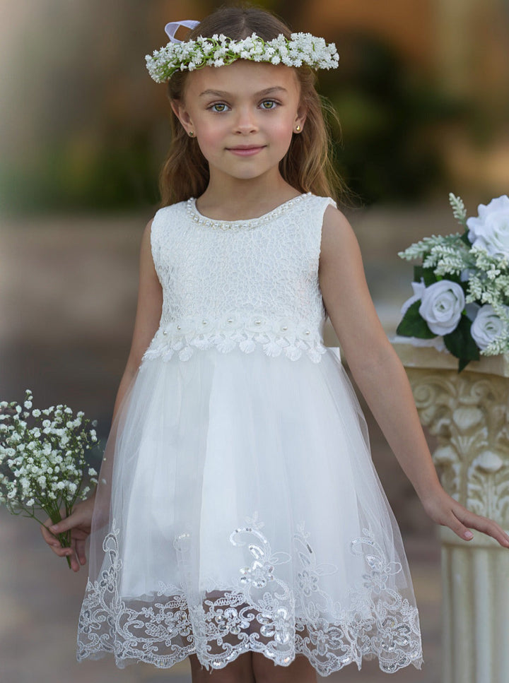 Girls Communion Dress | Sleeveless Embroidered Pearl Embellished Dress