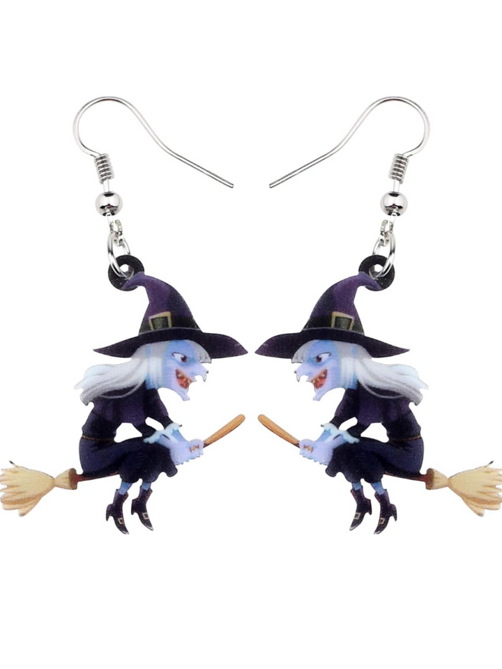 Spooky Witch on Broomstick Halloween Drop Earrings