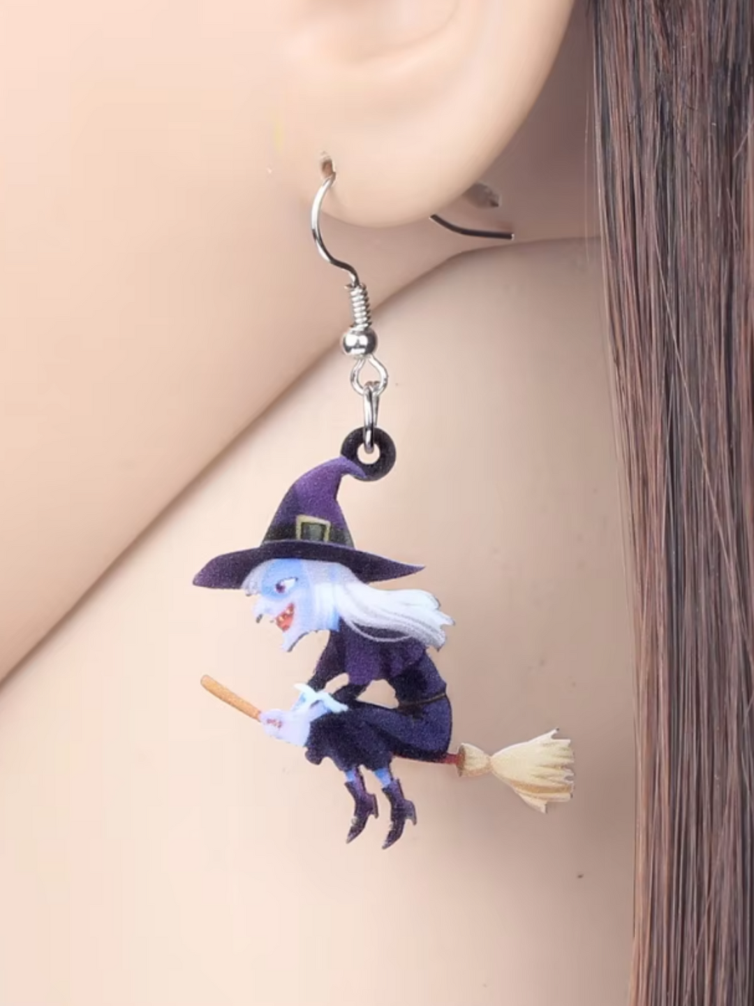 Spooky Witch on Broomstick Halloween Drop Earrings