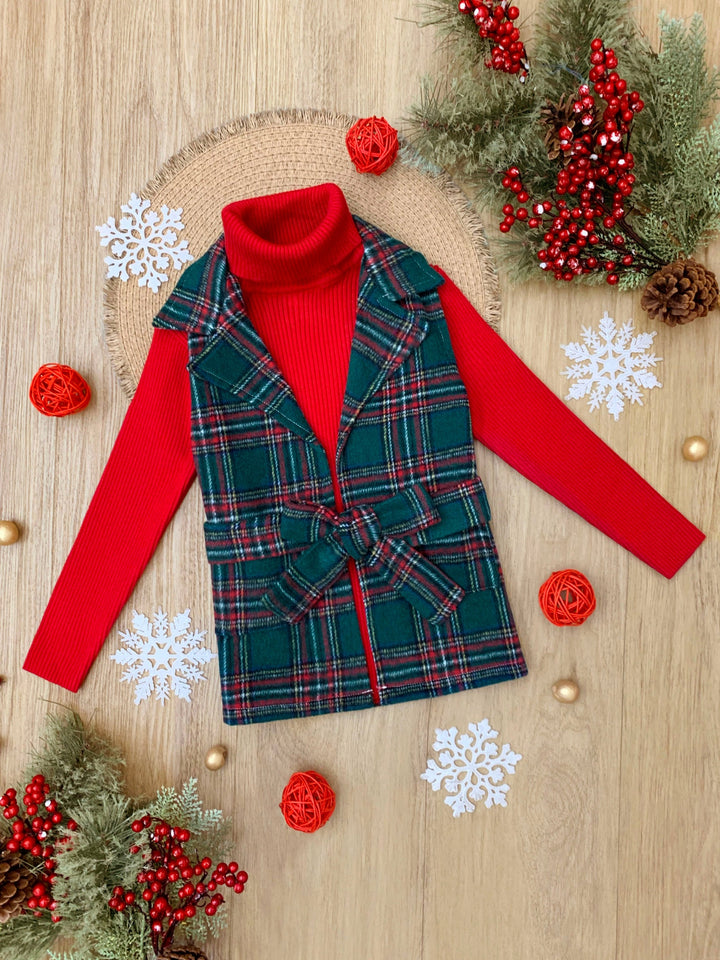 Festive Flair Plaid Belted Vest and Red Turtleneck Top Set