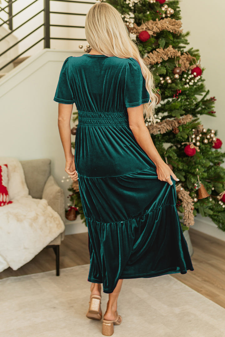 Womens Emerald Velvet Winter Wonder Maxi Dress with Puff Sleeves