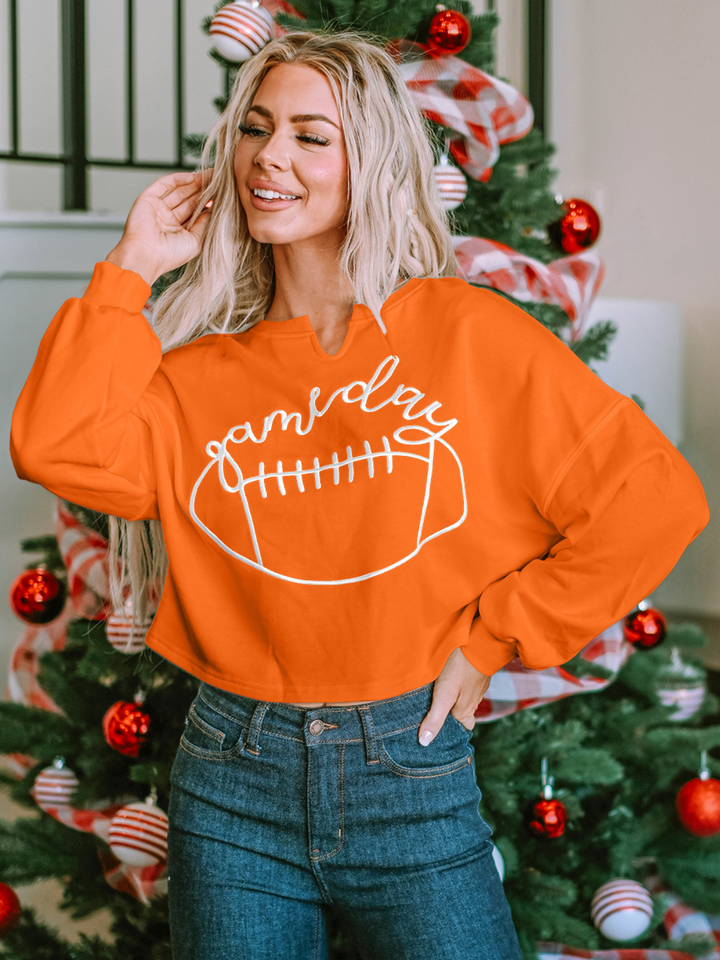 Oranges Rugby-Football-Sweatshirt mit eingekerbtem Kragen und Game Day-Schriftzug