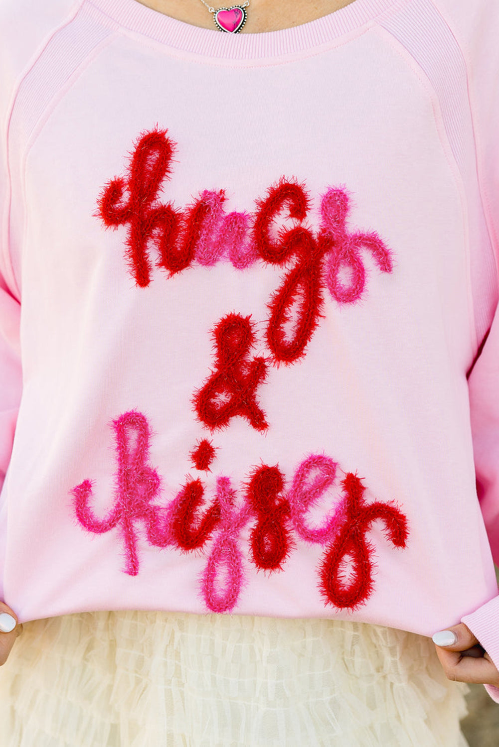 Womens Pink Hugs and Kisses Pop Up Embroidered Raglan Sleeve Sweatshirt