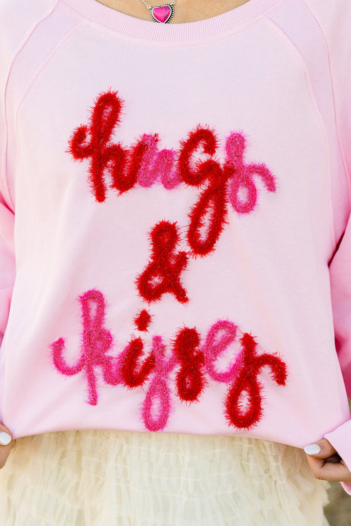 Womens Pink Hugs and Kisses Pop Up Embroidered Raglan Sleeve Sweatshirt