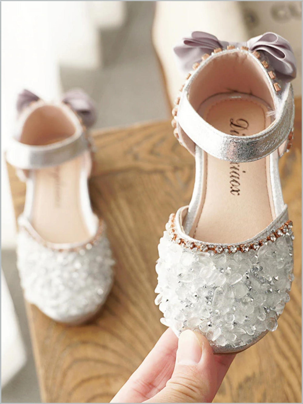 Girls Rhinestone Sparkle Heel Bow Flats By Liv and Mia - Silver