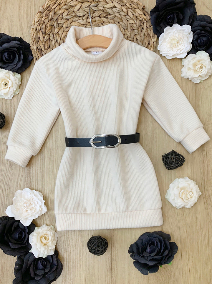 Little Girls Fall Turtleneck Belted Sweater Dress - Mia Belle Girls