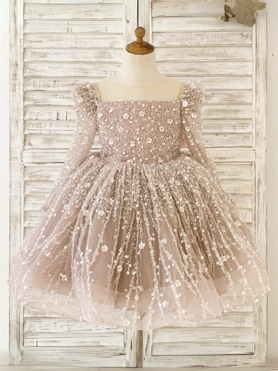 Girls Sparkling Sequins Long Sleeve Puffy Princess Party Dress