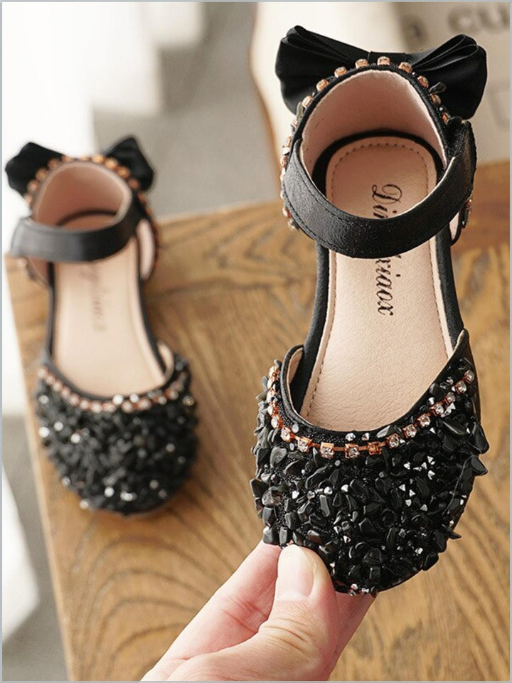 Girls Rhinestone Sparkle Heel Bow Flats By Liv and Mia - Black