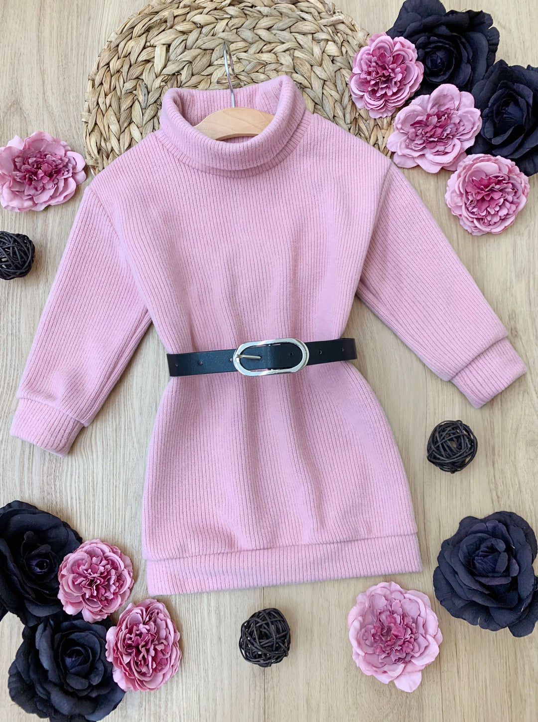 Little Girls Fall Turtleneck Belted Sweater Dress - Mia Belle Girls