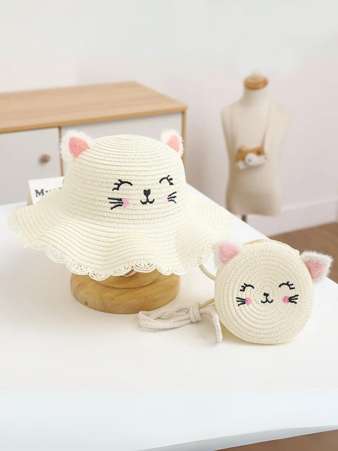 Mia Belle Girls Cat Ear Straw Hat Set | Girls Accessories