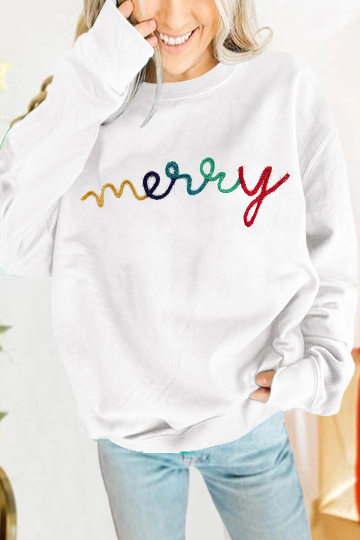 White MERRY Embroidered Pullover Sweatshirt