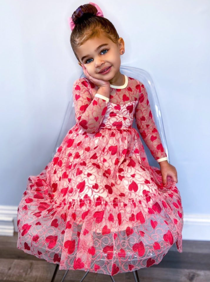 Toddler Valentine's Day Dress | Girls Long Sleeve Heart Lace Dress