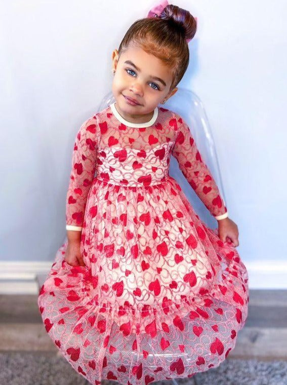 Toddler Valentine's Day Dress | Girls Long Sleeve Heart Lace Dress