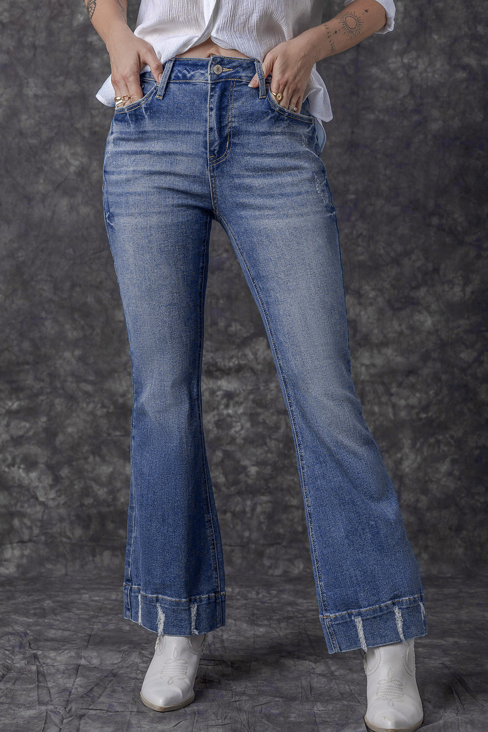 Womens Sky Blue Slight Distressed Medium Wash Flare Jeans