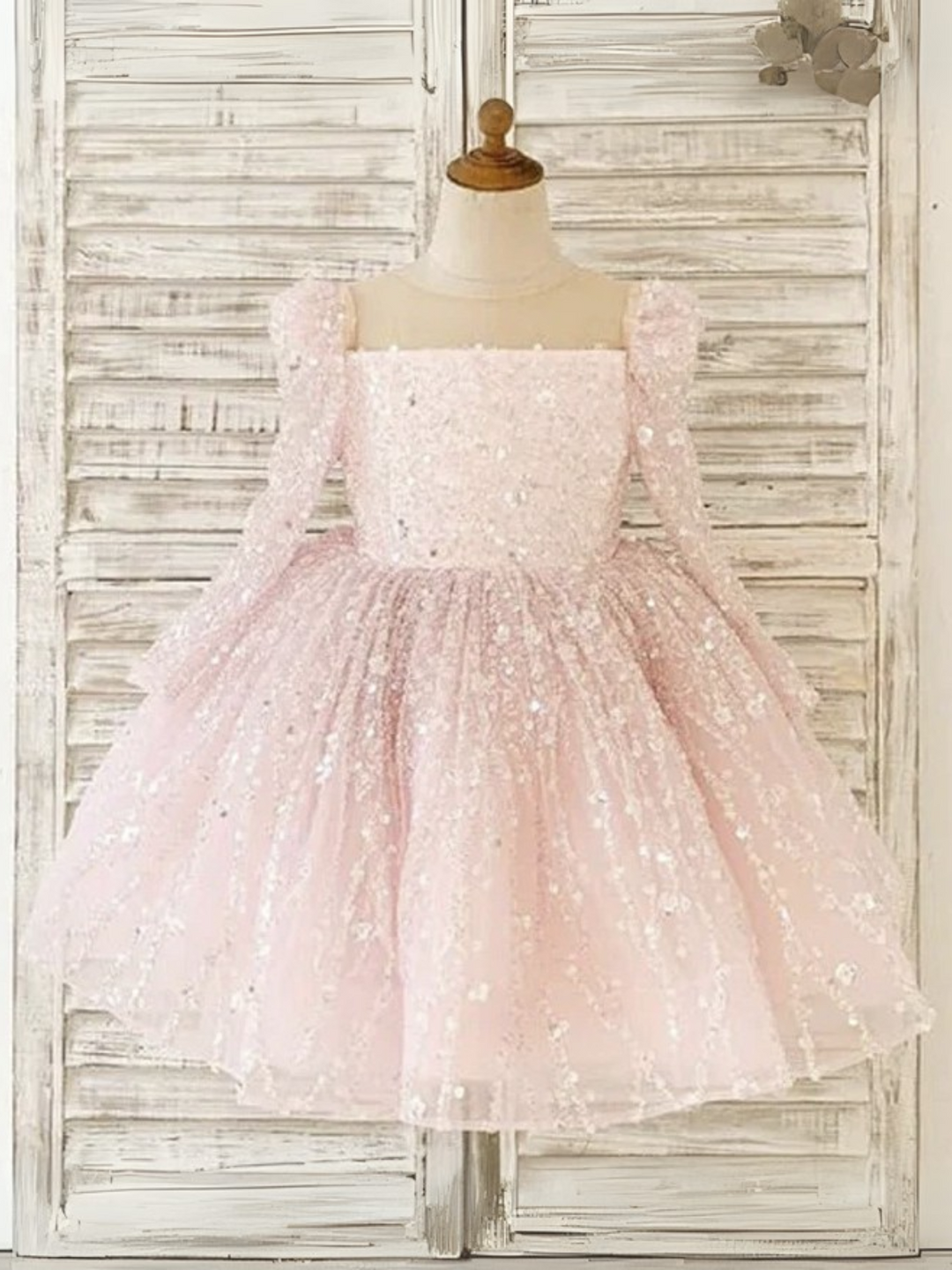 Girls Sparkling Sequins Long Sleeve Puffy Princess Party Dress