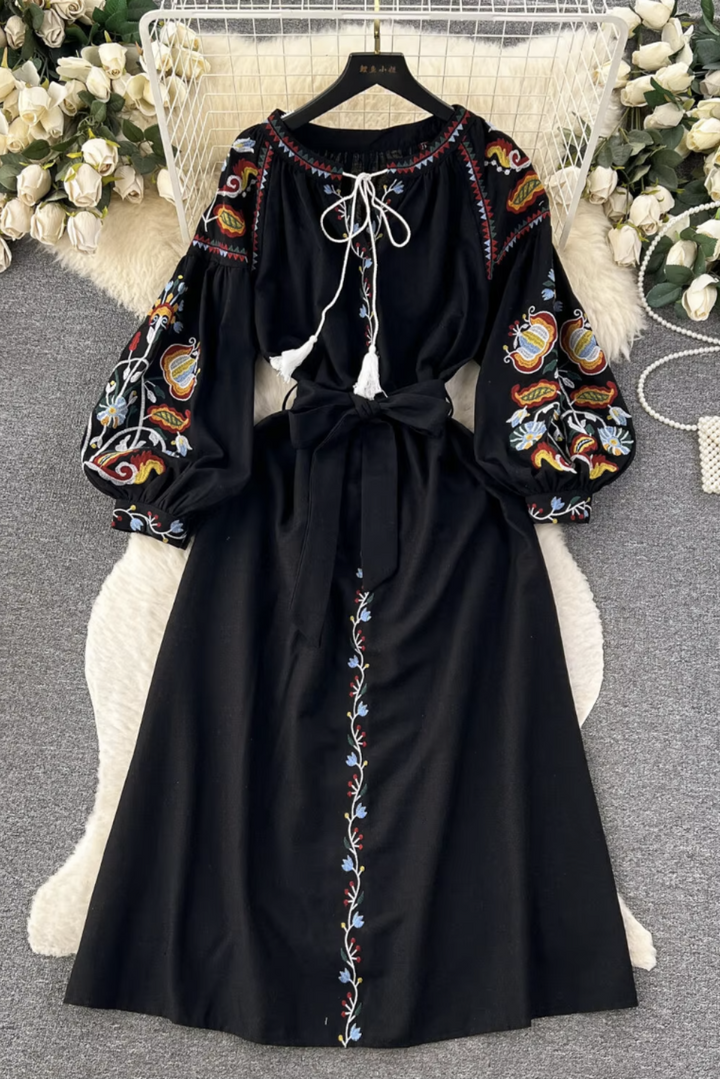 Womans Bohemian Embroidered A-Line Dress with Lace-Up Neckline and Waist Tie