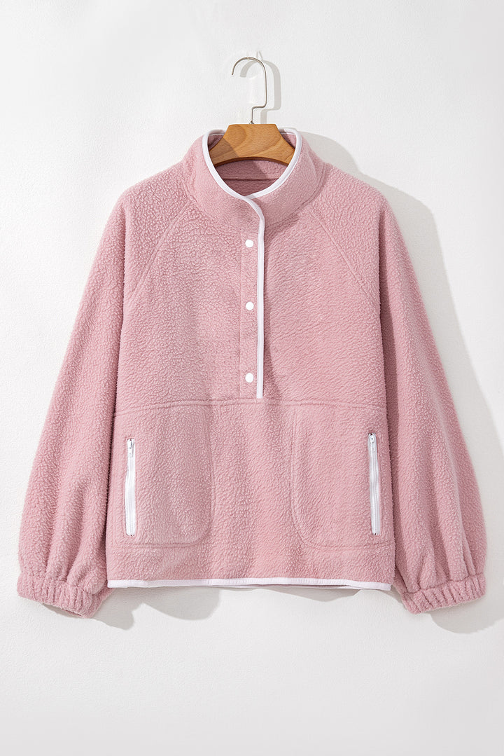 Womens Pink Half Button Plush Sweatshirt