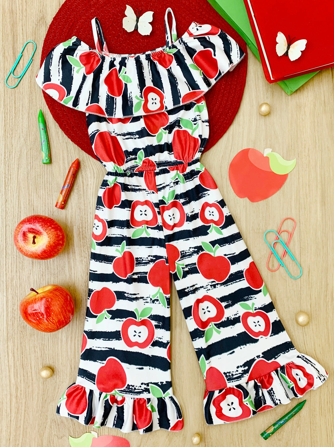 First Day of School Apple Stripe Ruffle Hem Jumpsuit | Mia Belle Girls