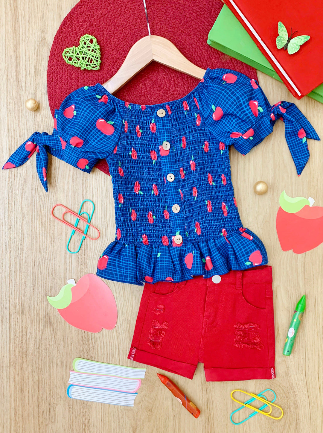 First Day of School Apple Smock Top & Demin Short Set | Mia Belle Girls