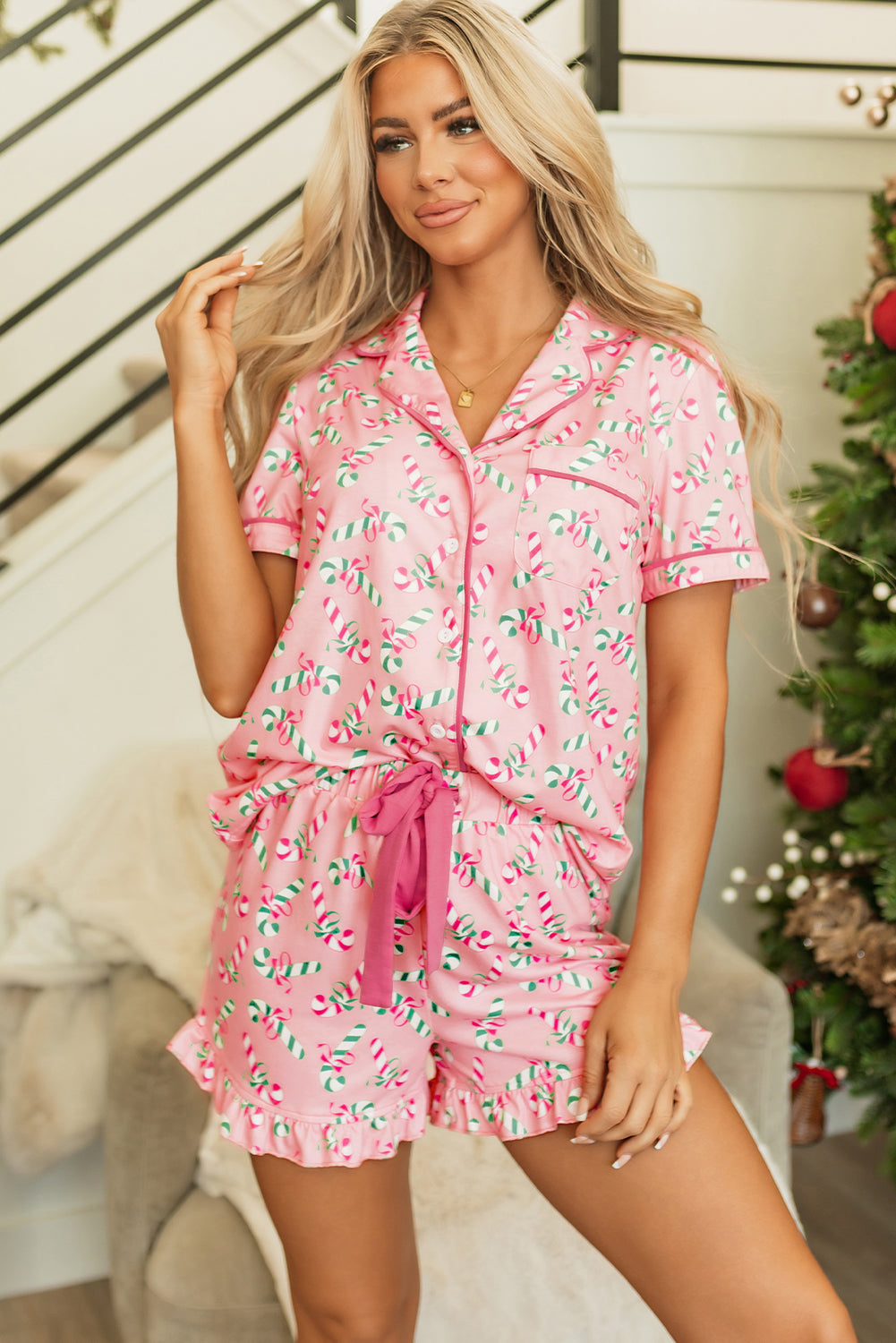 Womens Pink Christmas Candy Cane Print Pocketed Knotted Pajama Set