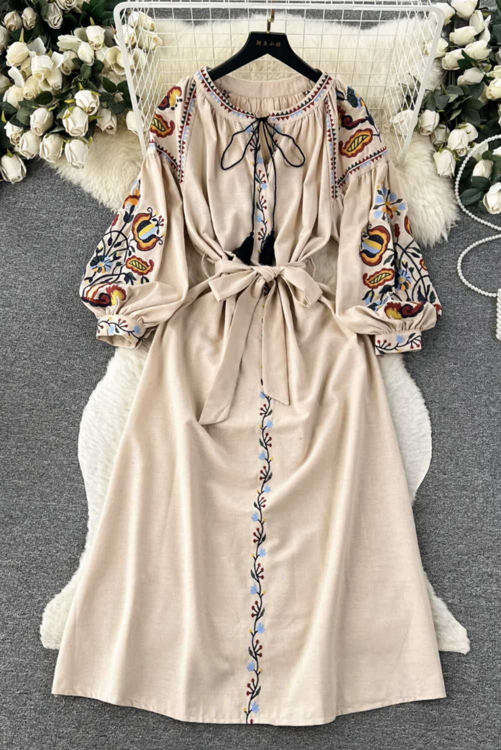 Womans Bohemian Embroidered A-Line Dress with Lace-Up Neckline and Waist Tie