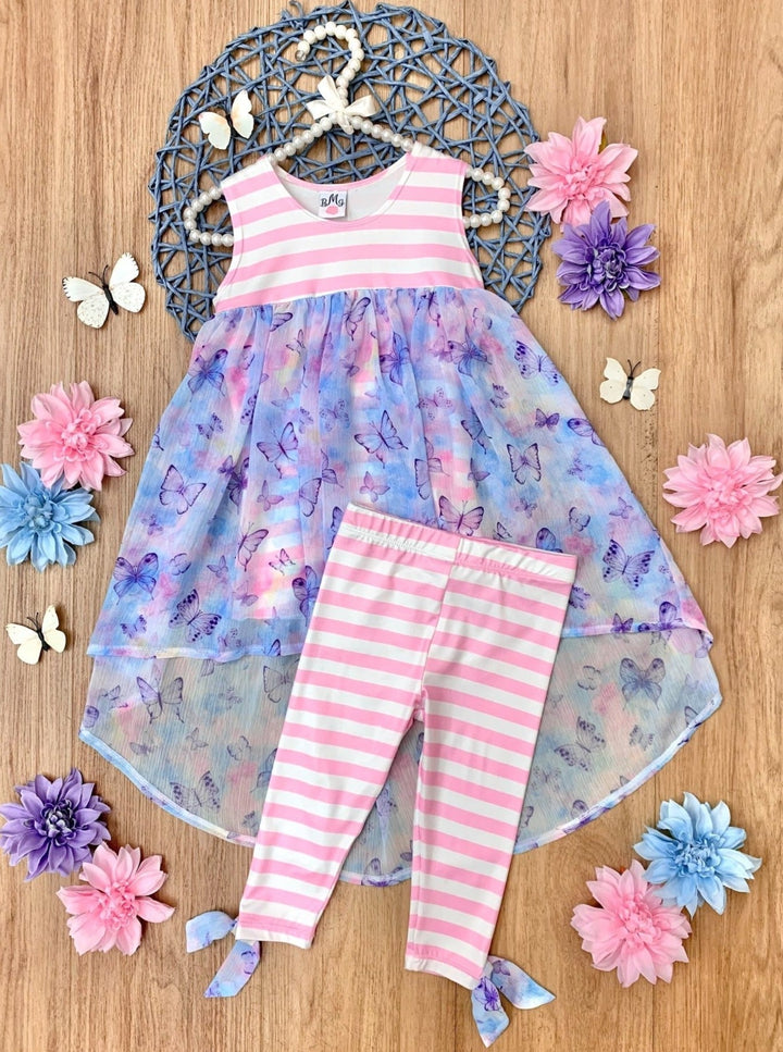  Mia Belle Girls Pink Striped Butterfly Tunic And Legging Set