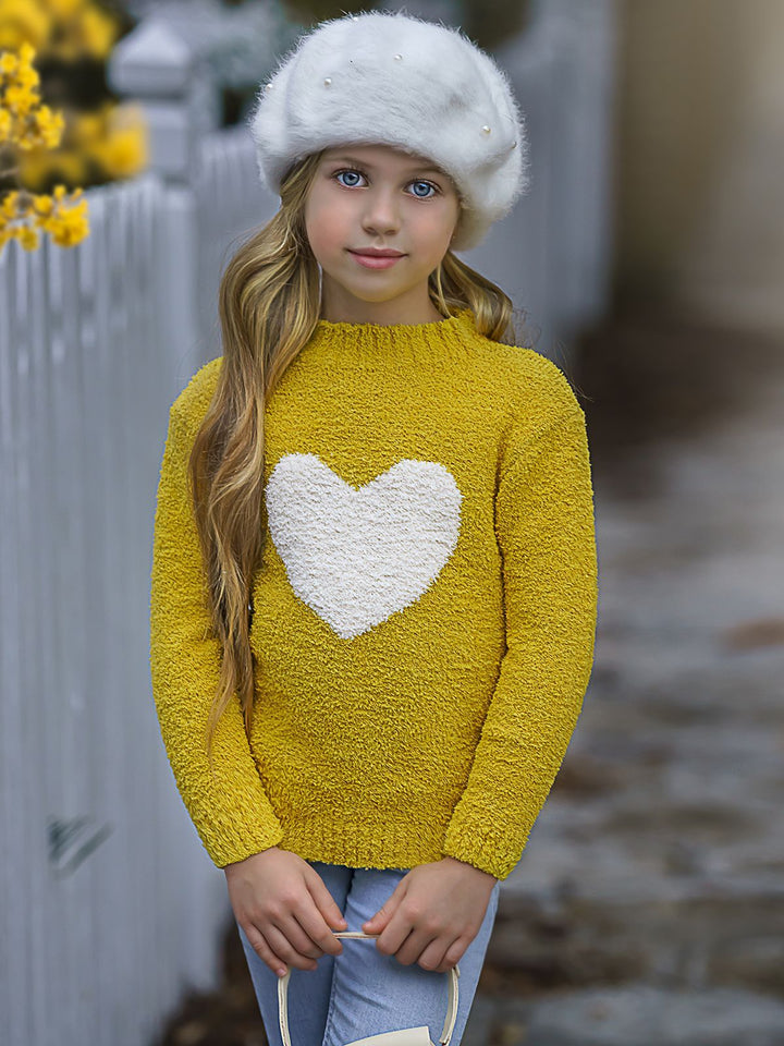 Toddler Valentine's Day Tops | Little Girls Heart Fuzzy Yellow Sweater