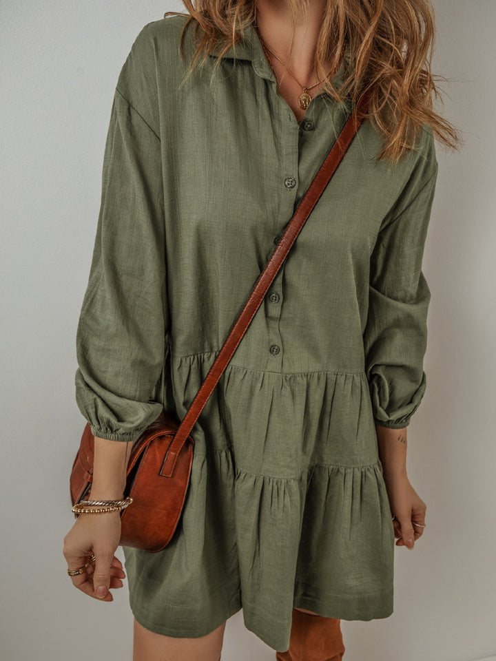 Womens Olive Puff Sleeve Tiered Button-Up Tunic Dress