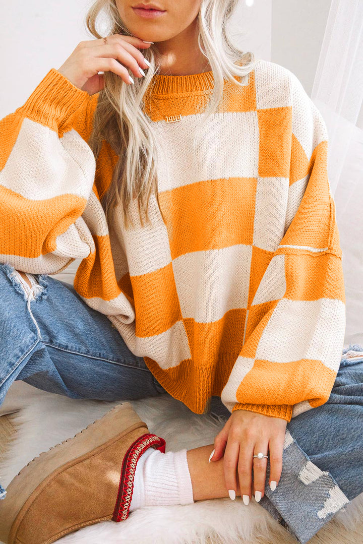 Orange karierter Pullover mit Bischofsärmeln